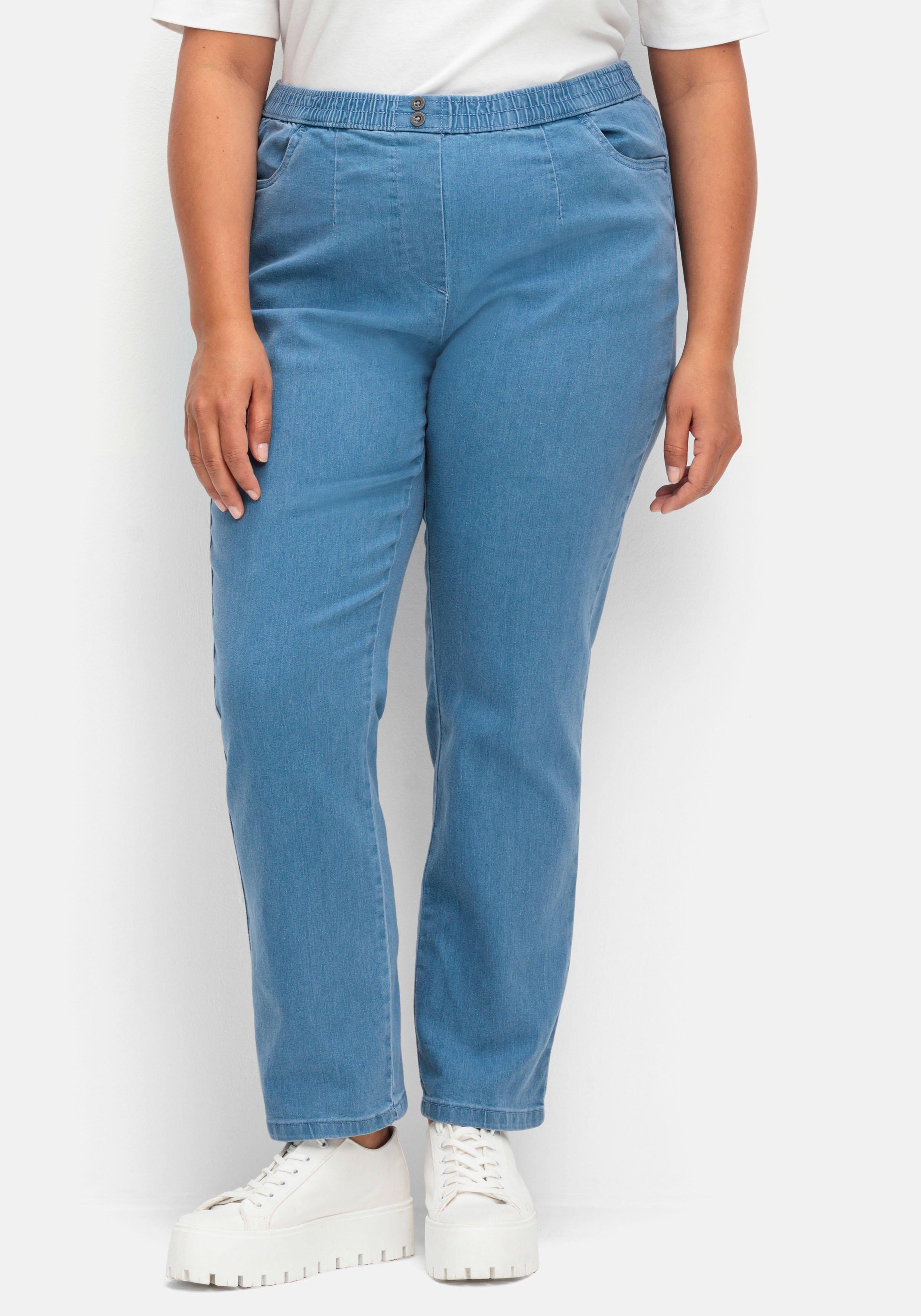 Gerade Jeans mit Smokbund und Used-Effekten
