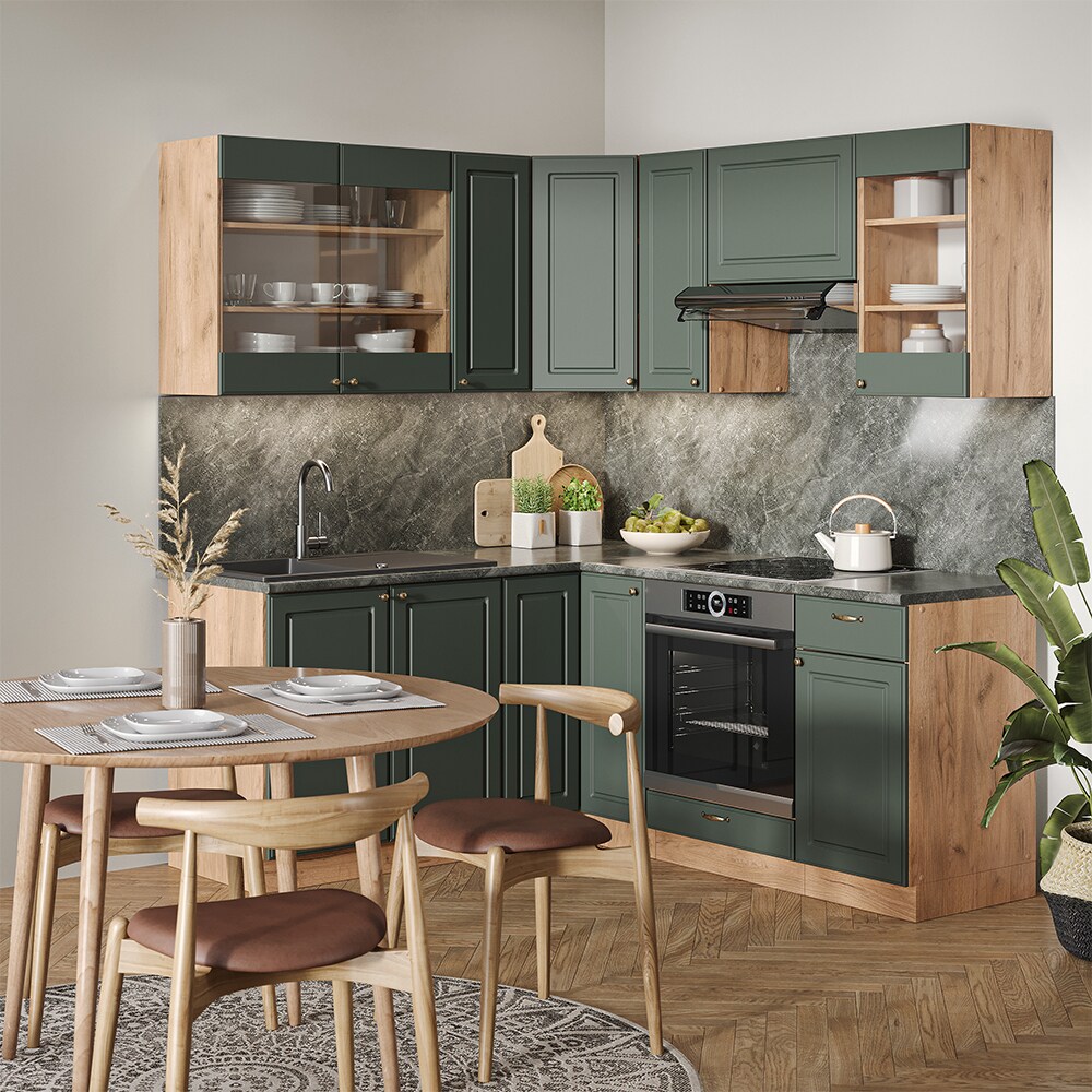 Vicco Eckküche Küchenzeile Einbauküche Fame-Line Landhaus Eiche Grün Gold 190 cm Schubunterschrank Spülenunterschrank Eckunterschrank Herdumbauschrank Hängeglasschrank Hängeschrank
