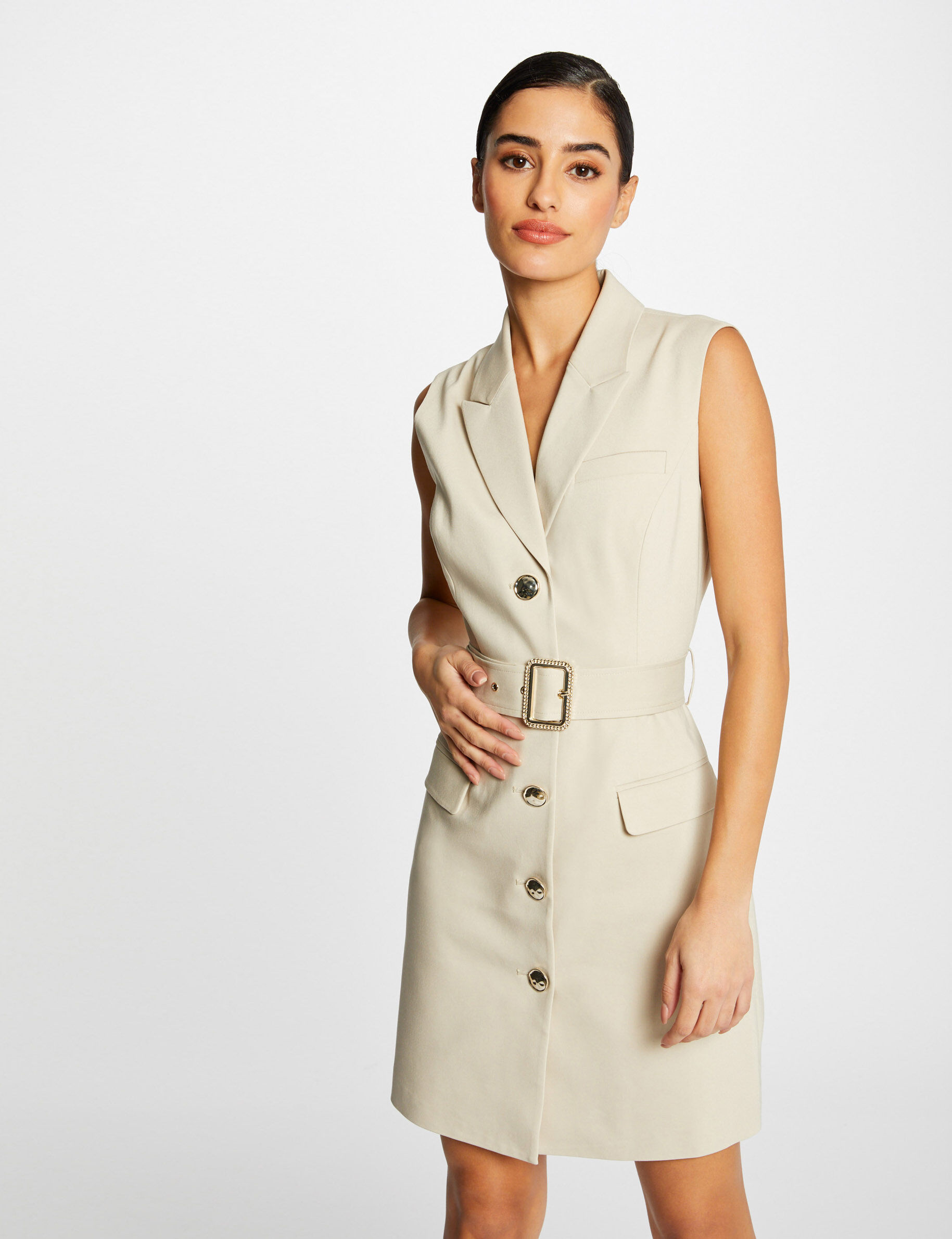 Robe droite sans manches ceinturée beige femme - beige