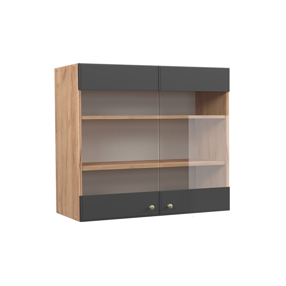 Vicco Hängeglasschrank Küchenschrank Küchenmöbel Fame-Line Eiche Anthrazit-Gold Landhaus 80 cm Küche Einbauküche Hängeschrank Glasschrank Drehtür Einlegeboden Küchenzeile