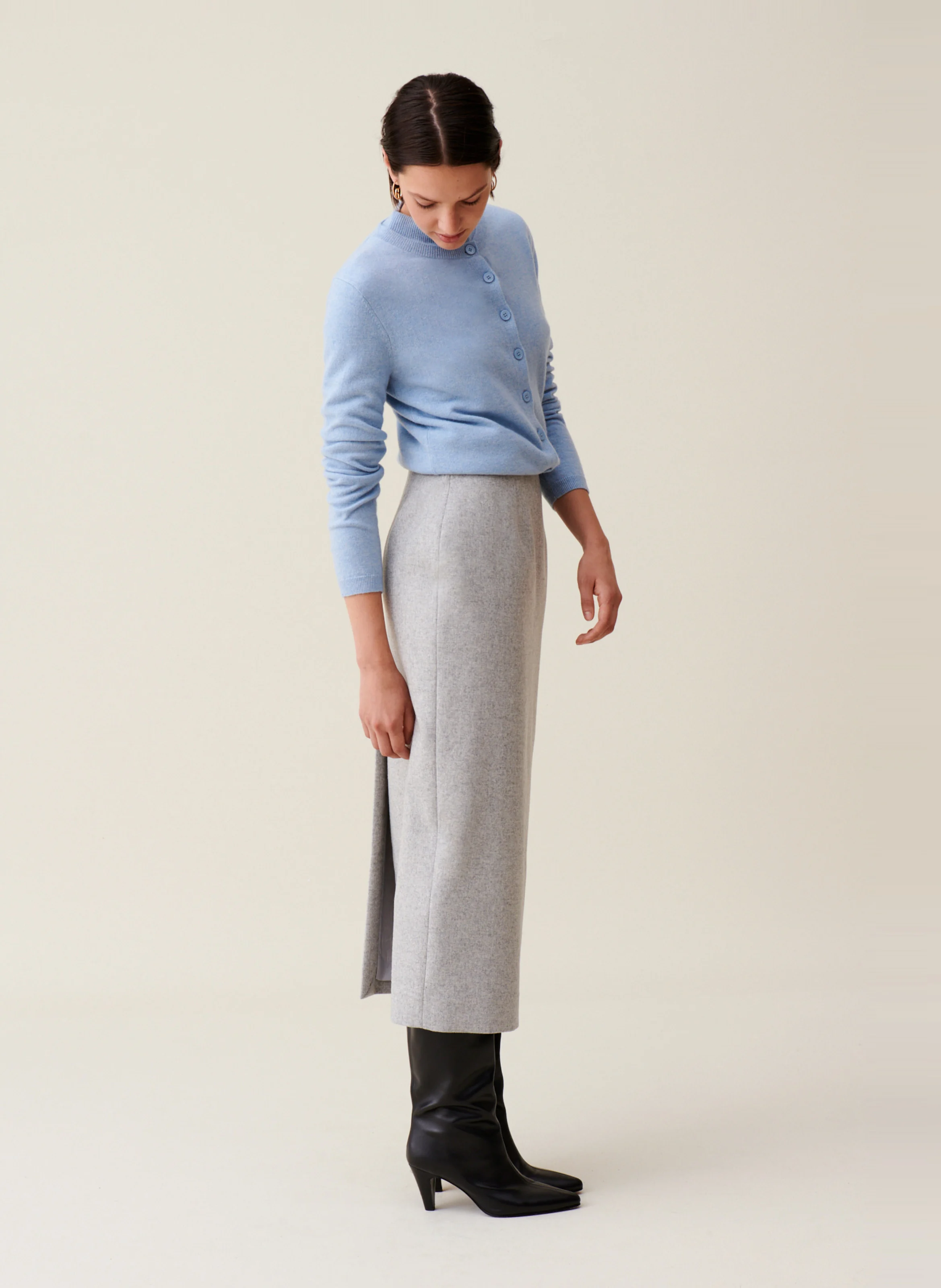 Jupe crayon taille haute en laine mélangée | Gris
