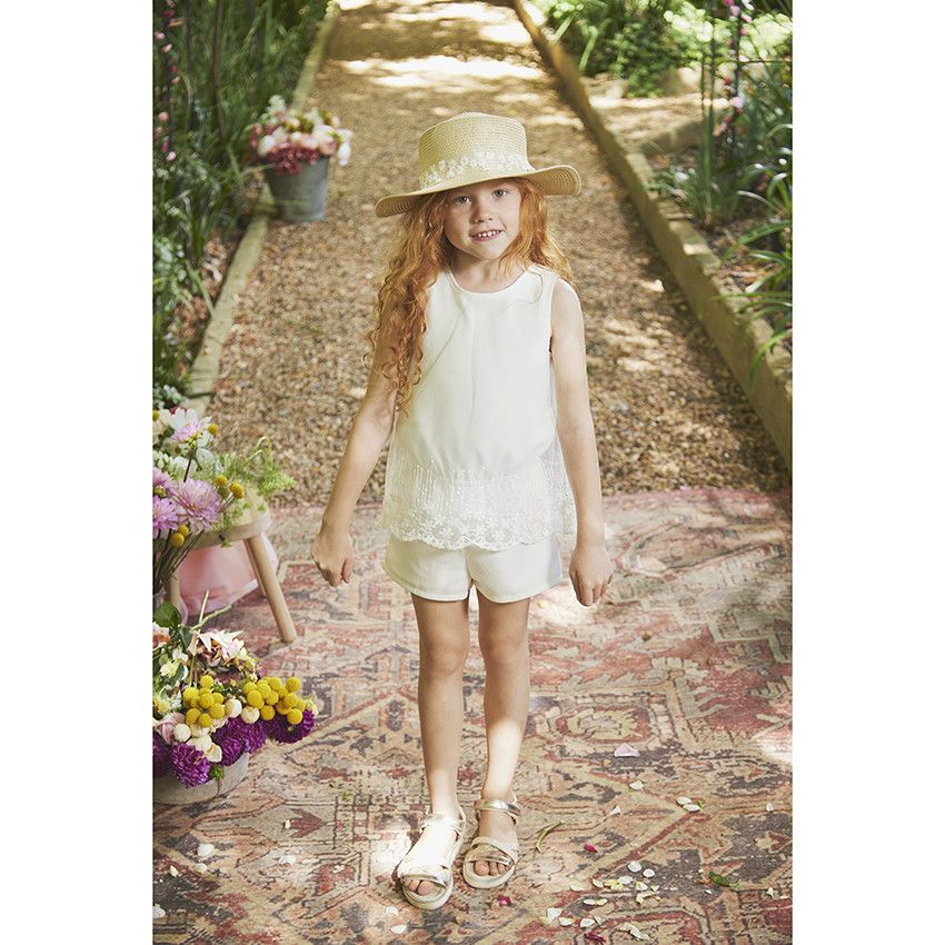 Combinaison courte de cérémonie effet 2 en 1 avec tulle brodé pour fille - Ecru