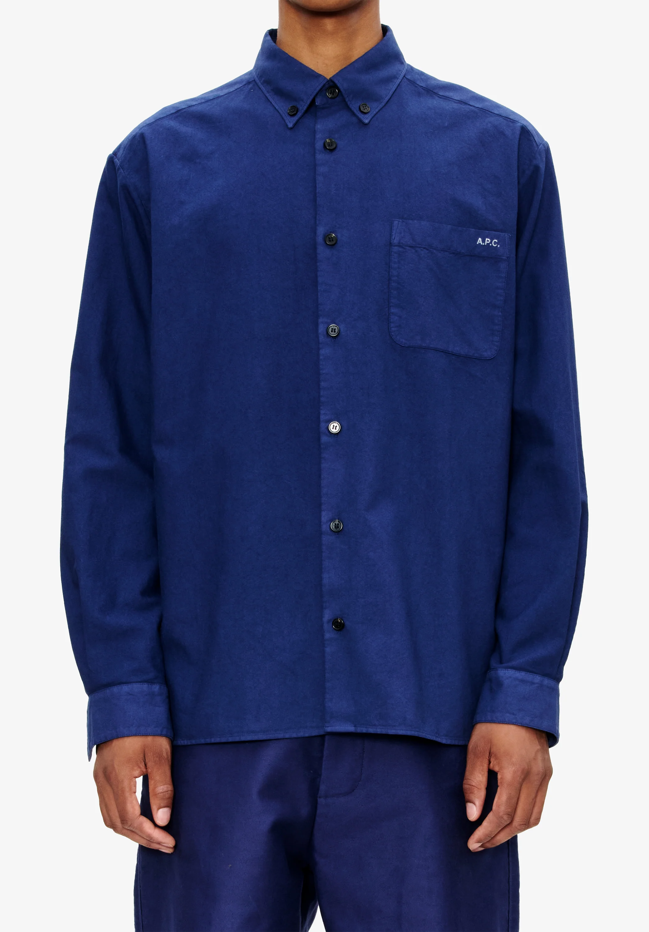 Chemise bleue à petit logo en coton bio - Marine