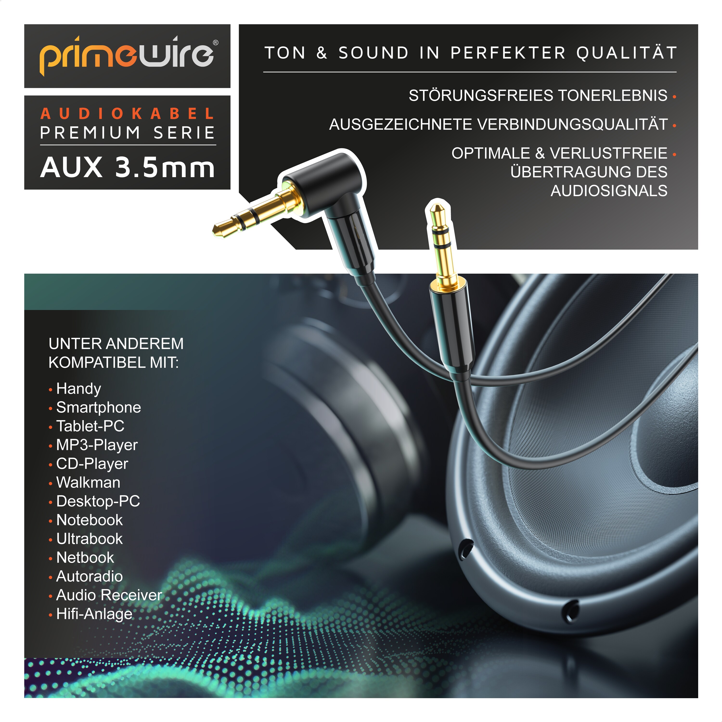 Primewire AUX zu 3,5-mm-Klinke Audio-Kabel 90° gewinkelt, HiFi Klinkenkabel Verbindungskabelfür Audiogeräte - 2m