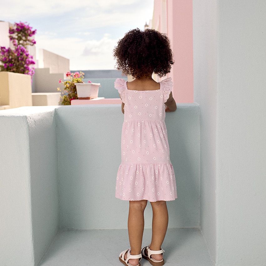 Robe manches courtes imprimée en maille cloquée pour bébé fille - Rose