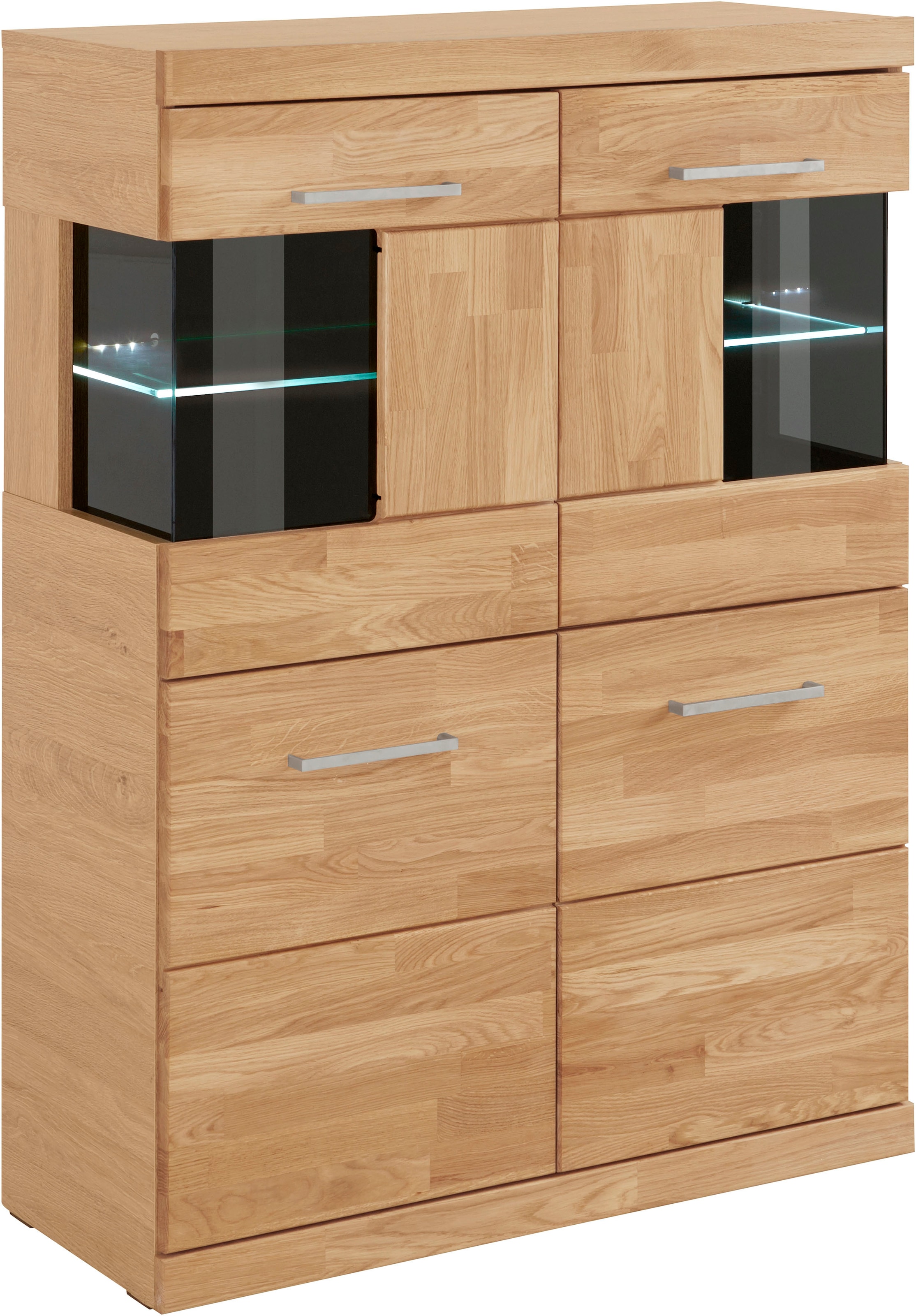 Home affaire Highboard »Ribe,85cm breit,115cm hoch, Fronten Massivholz,4 breite Fächer« Korpus Holzwerkstoff,2Türen mit  Glaseinsatz, Böden versetzbar