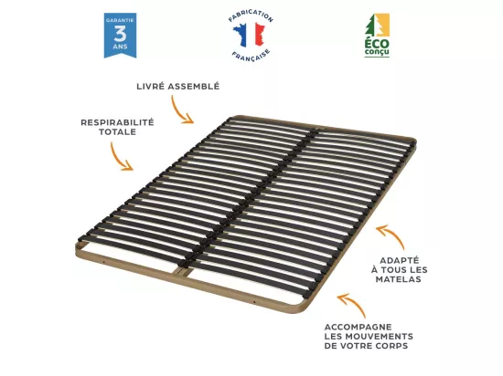 Sommier à lattes 90x200 C224 - 24 lattes bois - Fabrication française