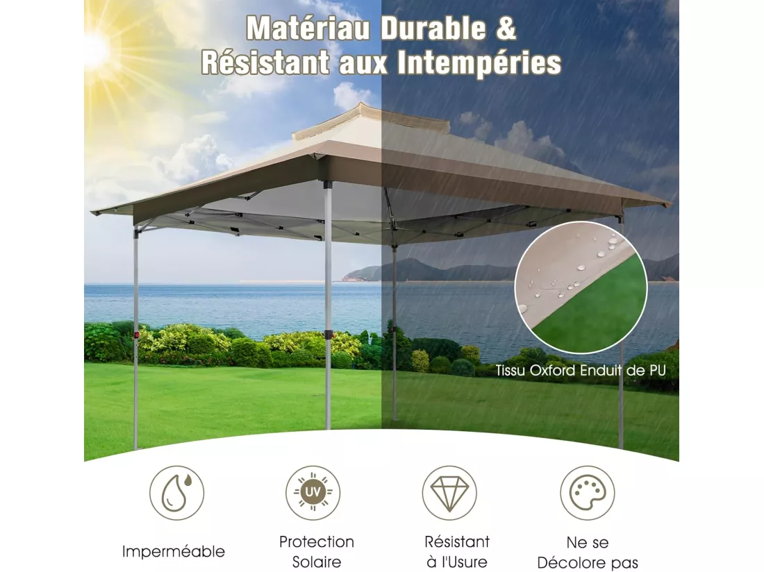 Tonnelle de Jardin Instantanée Double Toit 360X360CM, Tente Réception avec Dessus Ventilé Sac de Transport à roulettes, Tonnelle à Ouverture pour Fête Camping BBQ, Kaki