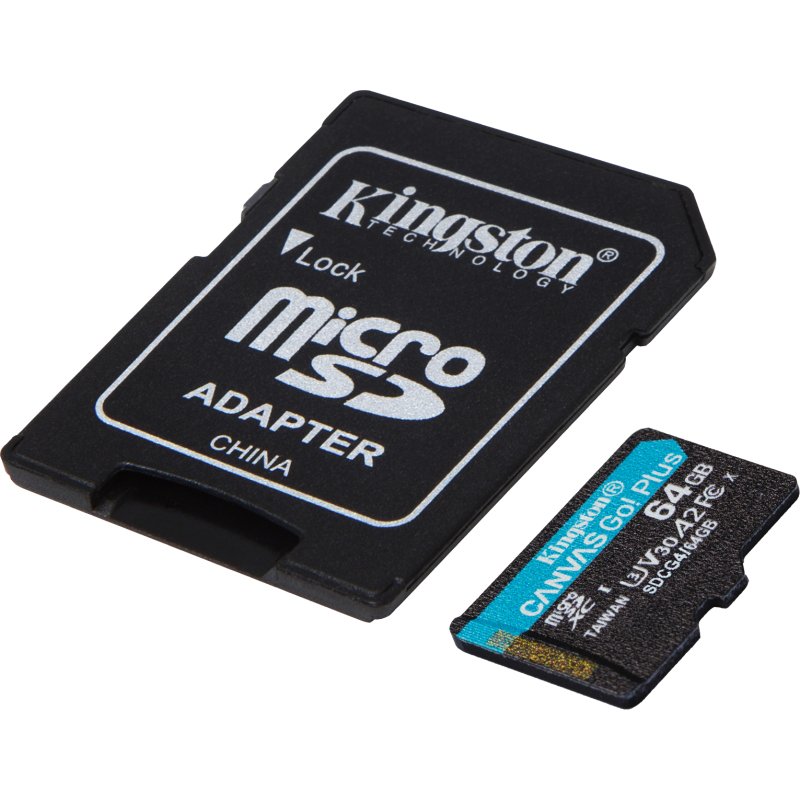 Kingston Technology Carte microSDXC Canvas Go Plus Gen4 200 Mo/s A2 U3 V30 64 Go + adaptateur
