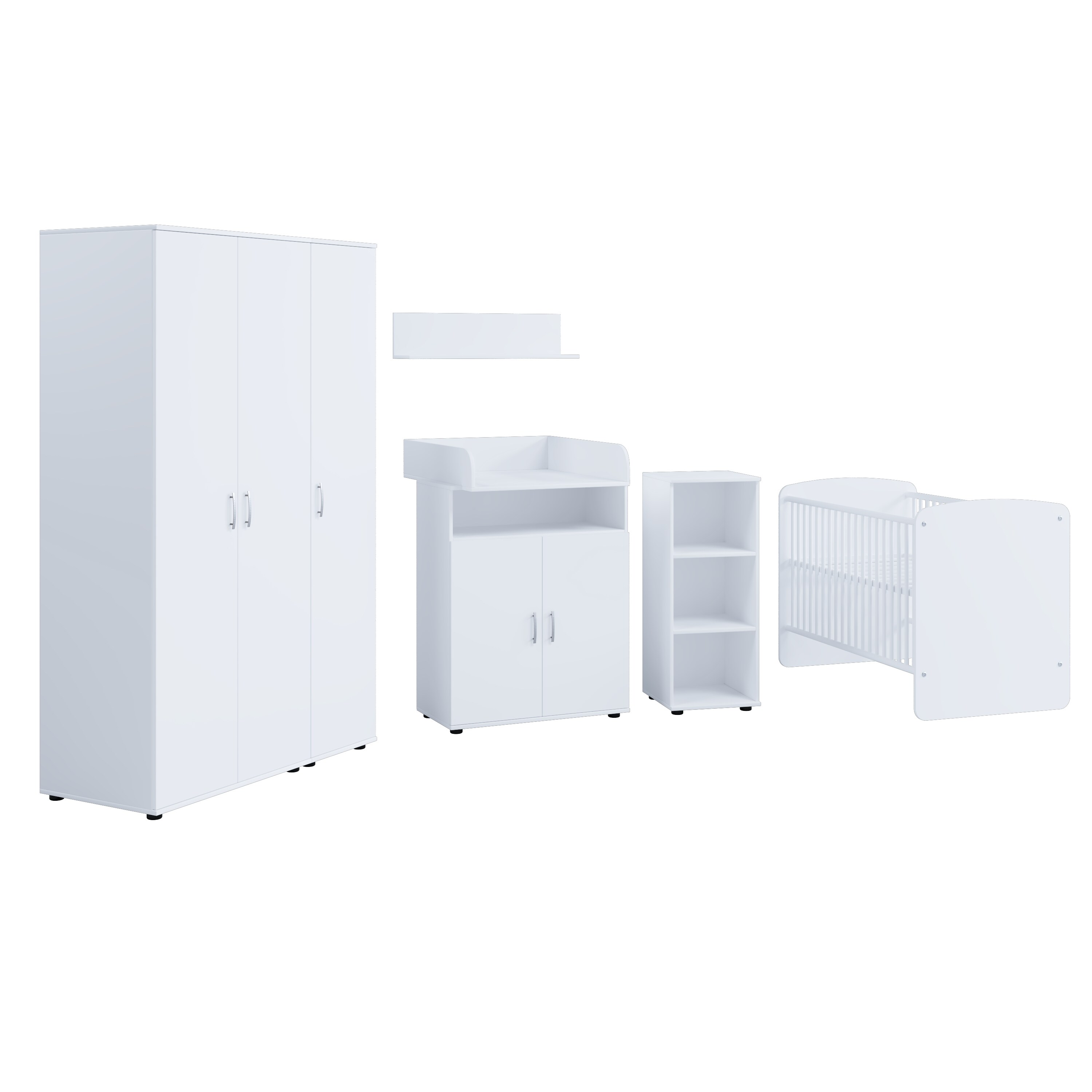 nonjoo. Babyzimmer Lunis Set 8: best. aus Babybett, Kommode, Wickelaufsatz, Wandboard, Regal mit 3 Fächern und Kleiderschrank 3-trg.