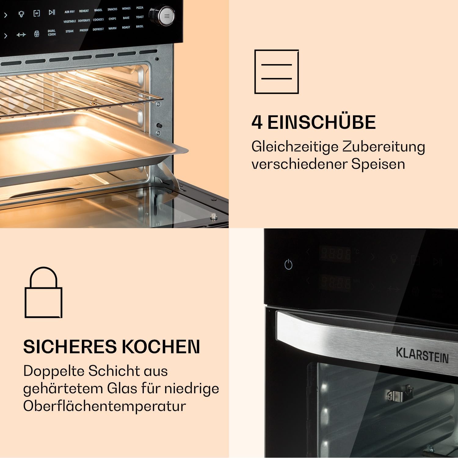 Klarstein Vigor Air Heißluftfritteuse XXL, Airfryer mit 1800 W, Heissluftfriteuse 30 Liter, 18 Programme, Ober- und Unterhitze, schwarz