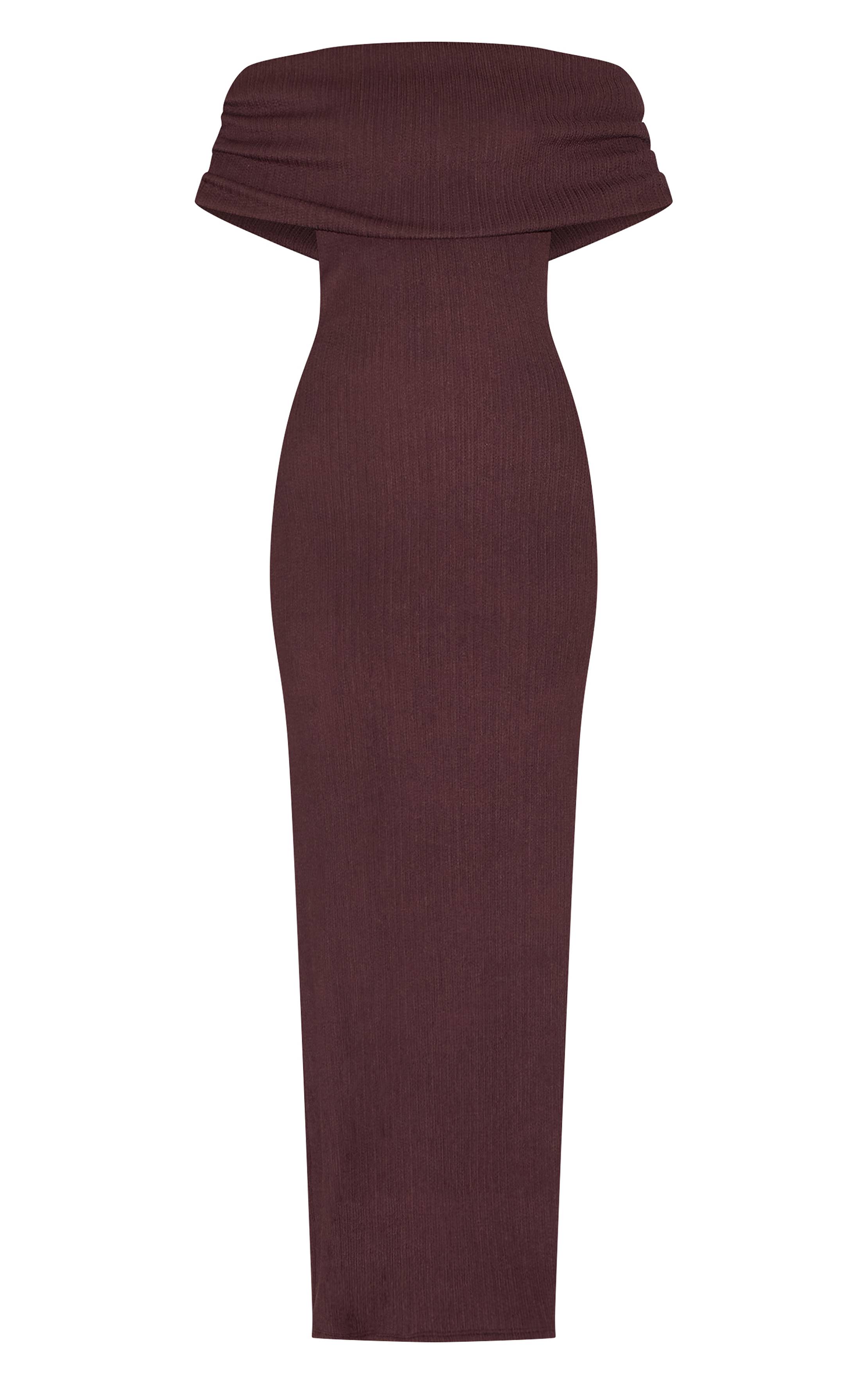 Chocolat Robe Longue Bardot Texturée À Revers Plié