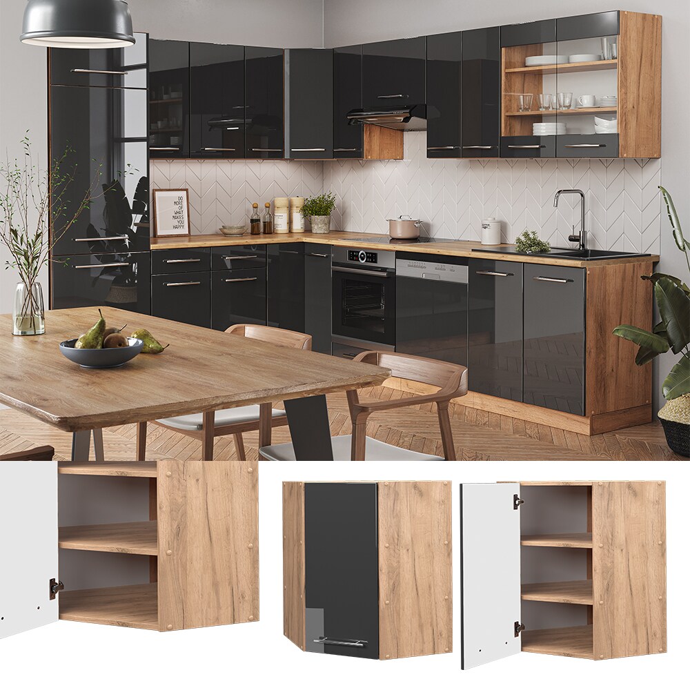 Vicco Eckhängeschrank Küchenschrank Küchenmöbel Fame-Line Eiche Anthrazit modern 57 cm Küche Einbauküche Eckküche Hängeschrank Drehtür Einlegeboden Küchenzeile Hochglanz
