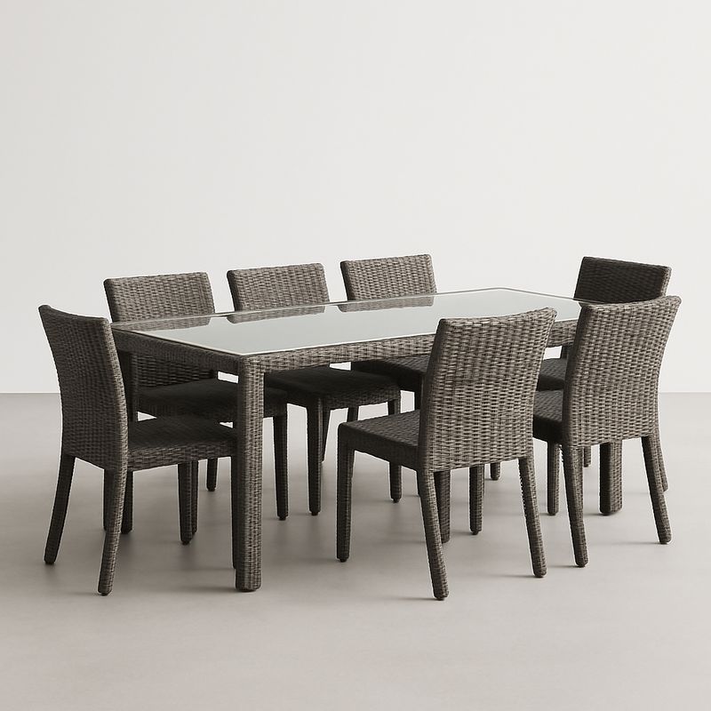 Gartenmöbelset Tisch aus Polyrattan mit gehärteter Glasplatte und 7 St