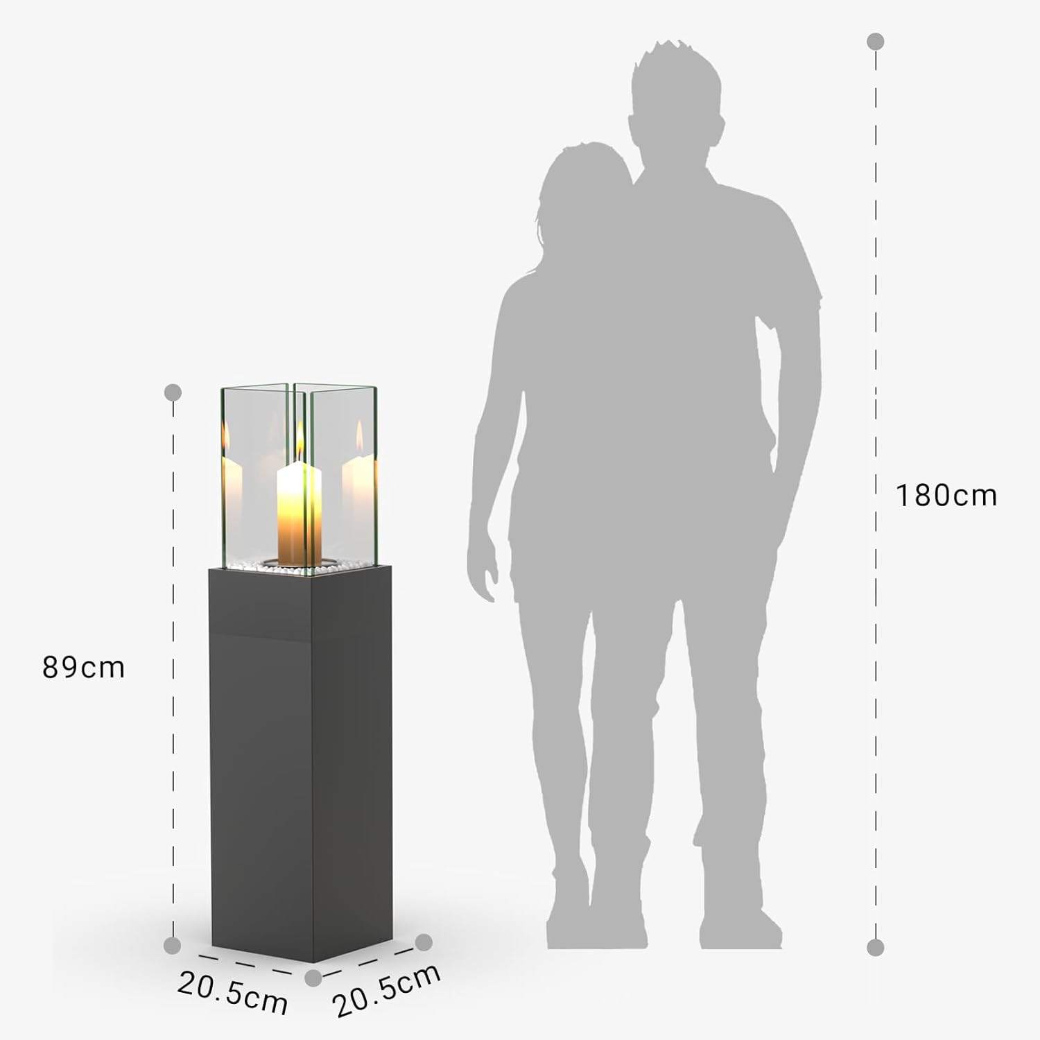 4-in-1 Windlicht Säule Hoch 89 cmTerressenfeuer fur Indoor und Outdoor,Deko Laterne mit Deko-Steine,Tischfeuer Windlicht StandKamin und pflanzkübel bodenvase groß All in One (Schwarz)