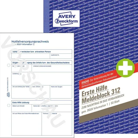 Avery Zweckform 312 Erste Hilfe Meldeblock, A5, 50 Originale, 50 Blatt