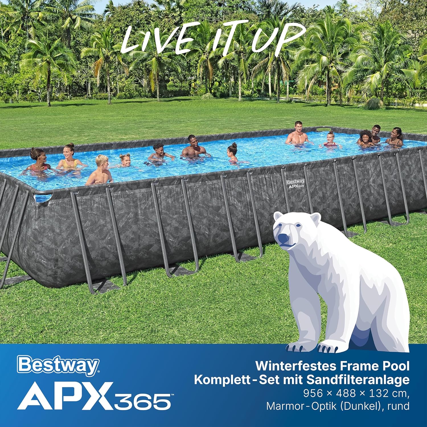 Bestway APX365 Winterfestes Frame Pool Komplett-Set, 956 x 488 x 132 cm, 52.231 L, Sandfilteranlage, Polar-Shield Ganzjahresschutz, ClickConnect System, Marmor-Optik, Sicherheitsleiter, Abdeckplane