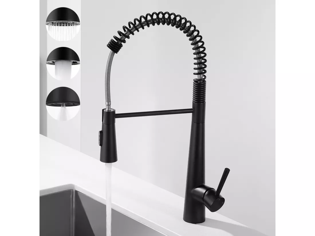 Mitigeur Cuisine à Ressort Cecipa max avec 3 Modes de Sortie D'eau - Mitigeur de Evier Noir avec Douchette Extractible Pivotant à 360°,EU Modèle