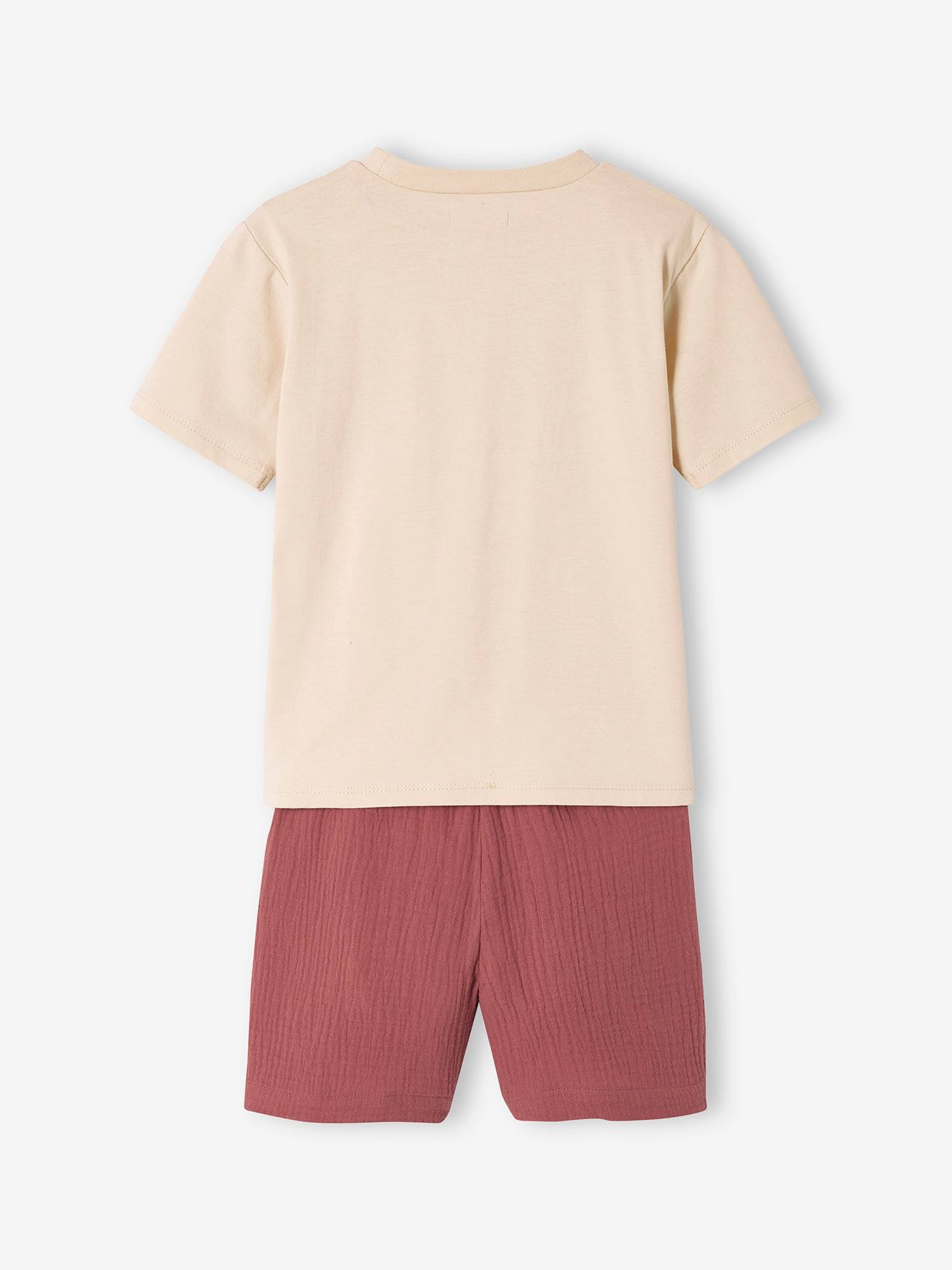 Roupa do menino: camiseta e shorts de chiffon de algodão cor argila.
