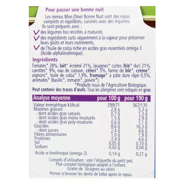 Hipp Organic My Goodnight Dinner Bowl Gratinado de Aipo com Lasanha +8m Pacote com 2 x 190g