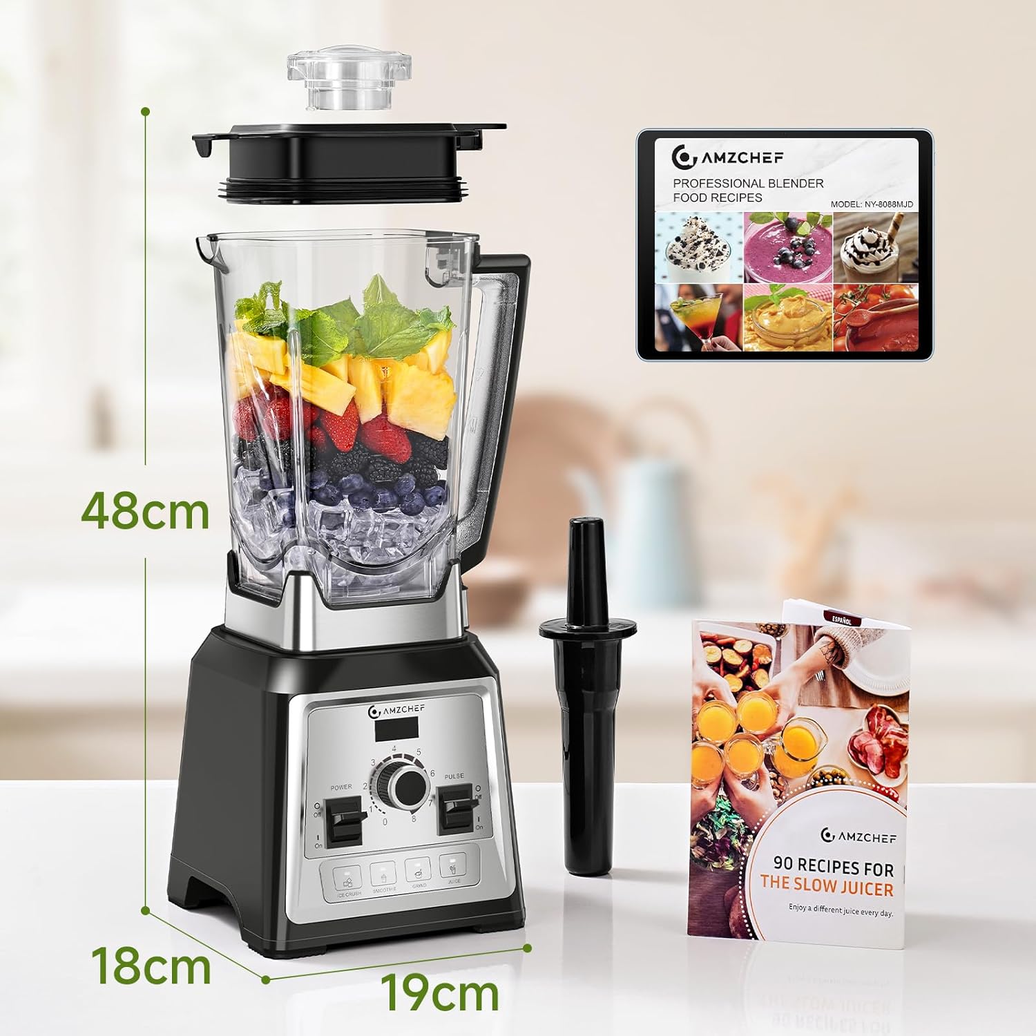 AMZCHEF Standmixer 2000 Watt | 2L Mixer Hochleistungsmixer | Blender mit 8 Einstellbaren Geschwindigkeiten und 4 Vorprogramme für Crushed Ice, Smoothie Maker, Grind Mixer | BPA-Freiem