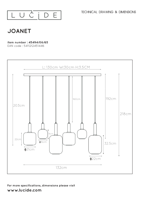Lucide Joanet 6 cluster hanglamp lineair fumé