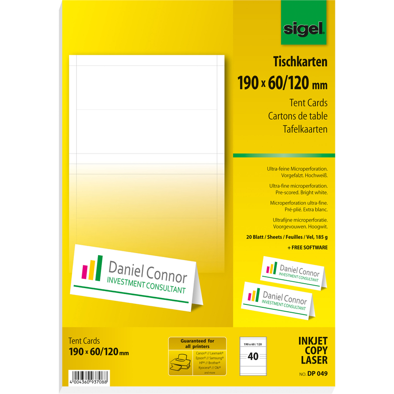 Sigel Tischkarten DP 049, 19 x 6 cm, hochweiss