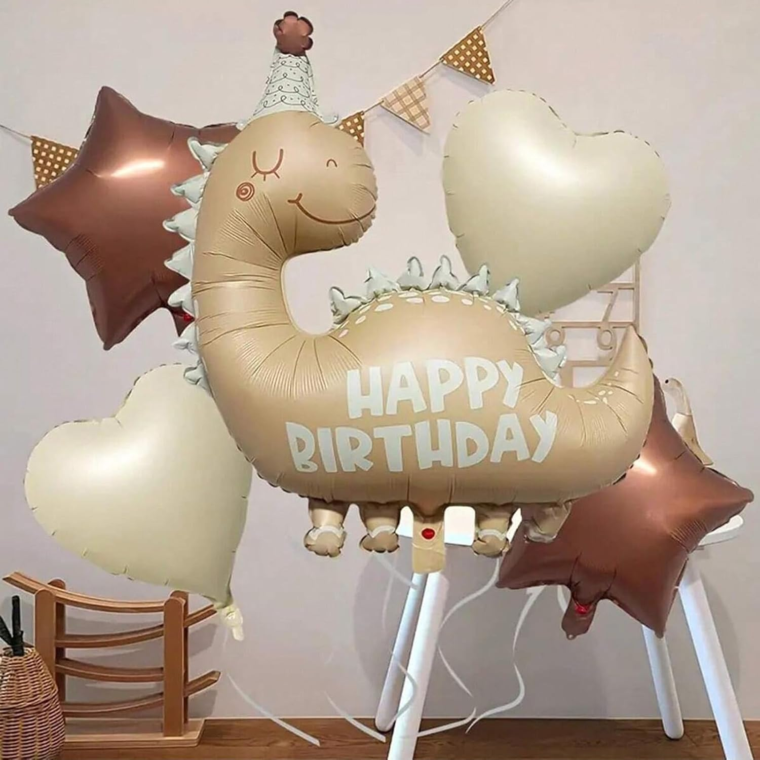 (5-tlg. Set) Happy Birthday Dinosaurier Folien Ballon Kinder Geburtstags Party Deko Luftballon inkl. Herz / Stern - Braun / Beige