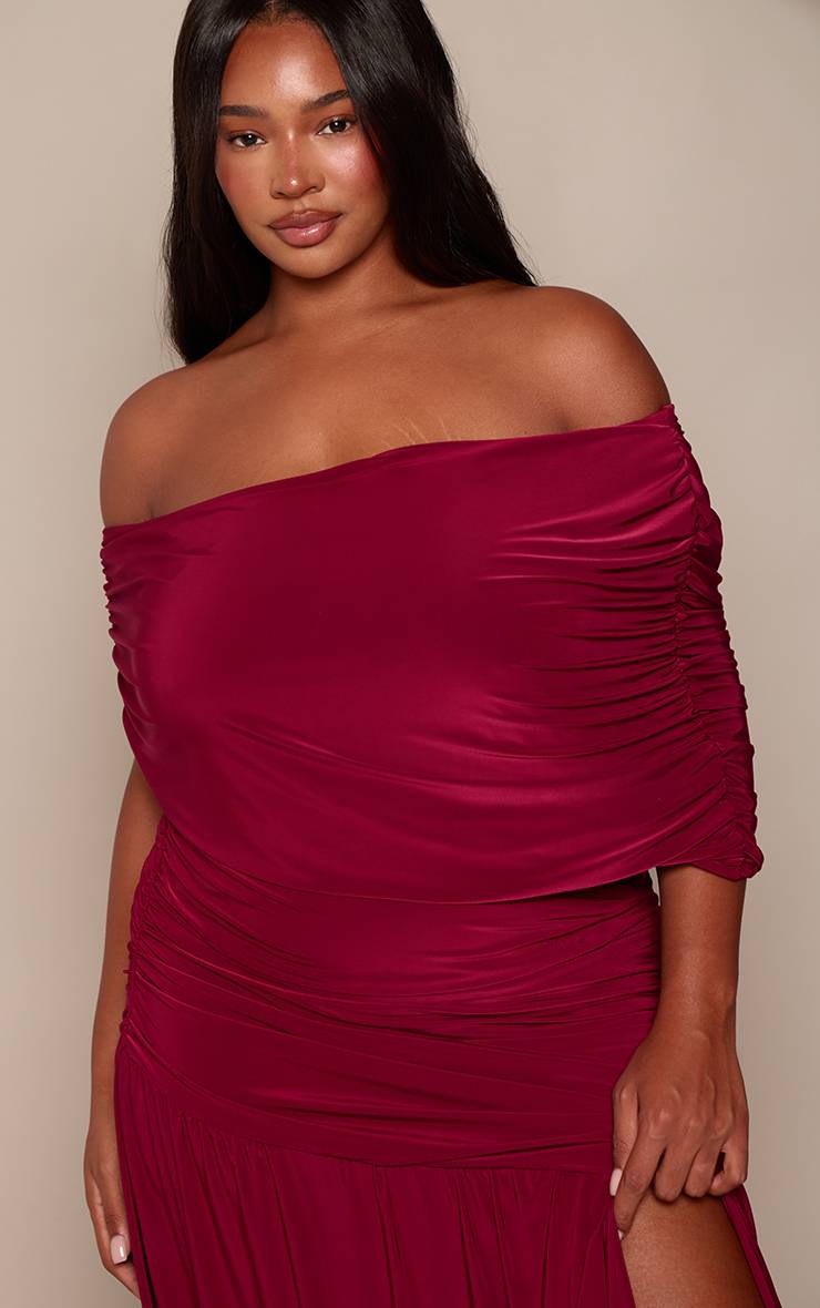 Rouge Robe Maxi Grande Taille En Jersey Slinky Double Couche À Encolure Bardot Et Fronces