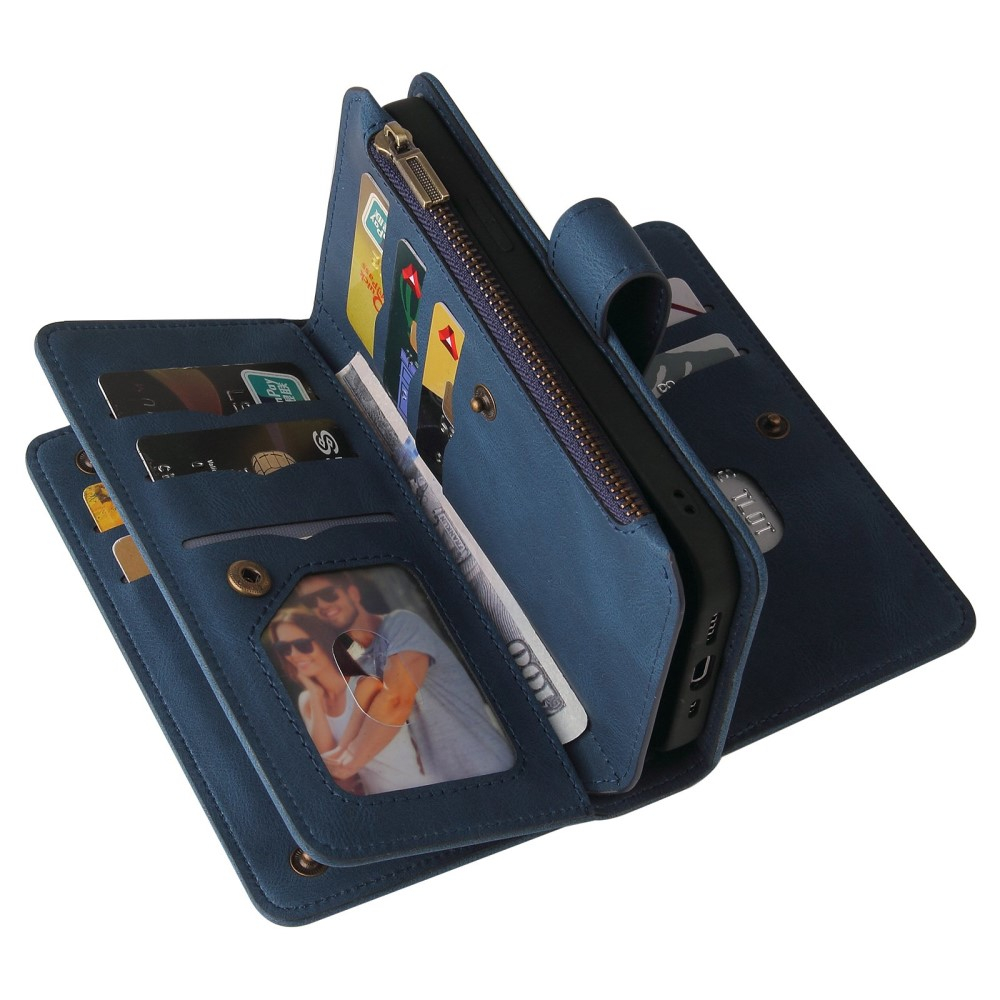 iPhone 14 Leder Wallet Etui Tasche mit 13 Kartenfächern   Münzfach - Blau