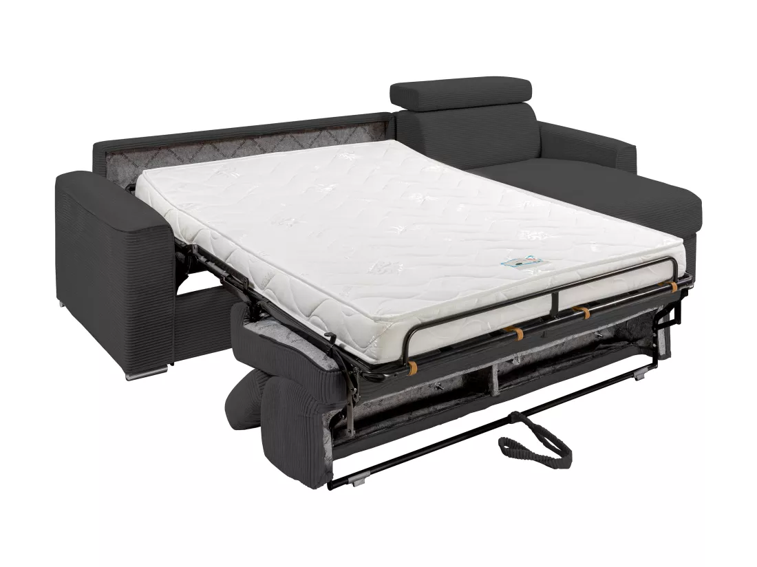 Canapé d'angle réversible convertible express en velours côtelé gris anthracite - Couchage à lattes larges 140 cm - Matelas 14 cm - VIZIR