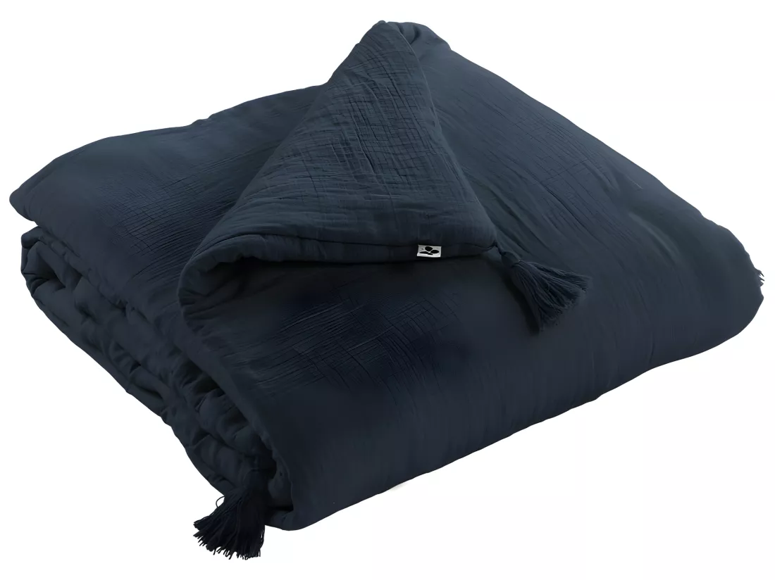 Édredon 90 x 200 cm gaze de coton bleu nuit avec 4 pompons - PEPA