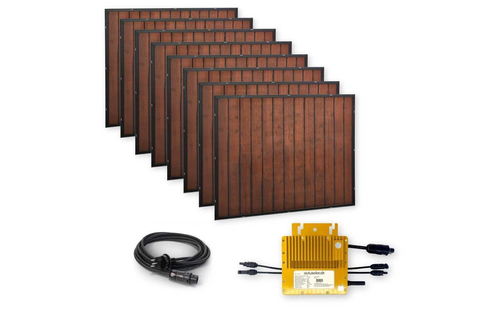 Solaranlage Balkonkraftwerk 1600W, Holzoptik<br>Plug & Play Balkonkraftwerk mit acht Solarpanels und MI600v2 Wechselrichter