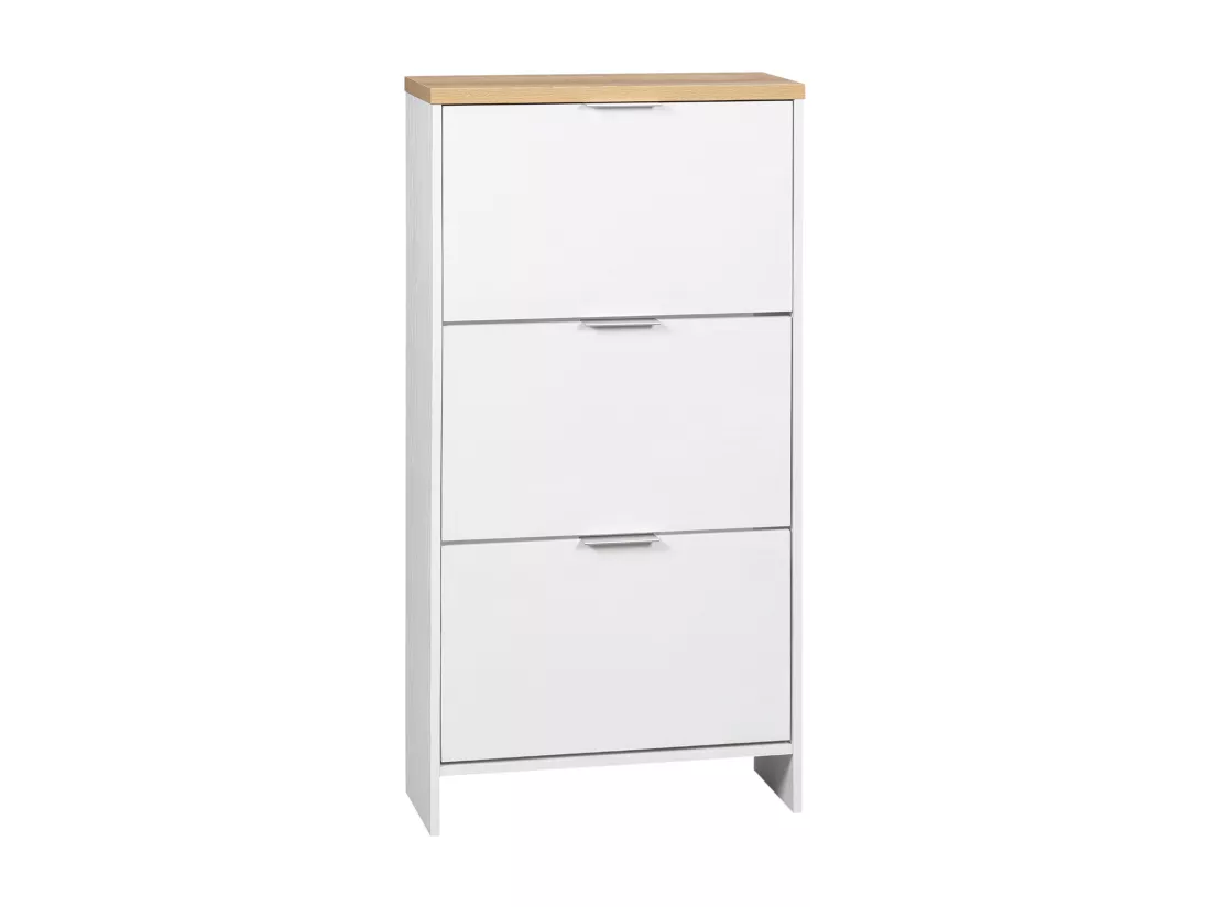 Meuble à chaussures 3 portes abattantes 2 compartiments MDF blanc chêne clair