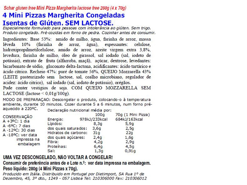 MINIPIZZA SCHAR MARGARITA SEM GLÚTEN SEM LACTOSE 280G (4UN)