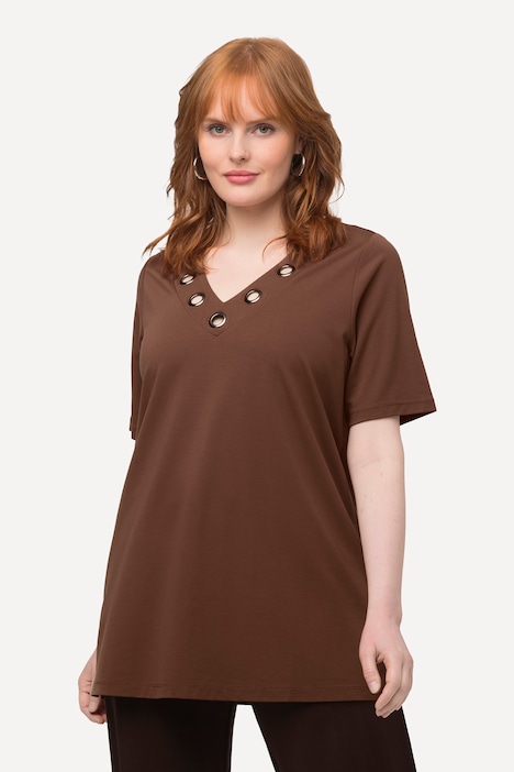 T-Shirt, Zierösen, Oversized, V-Ausschnitt, Halbarm