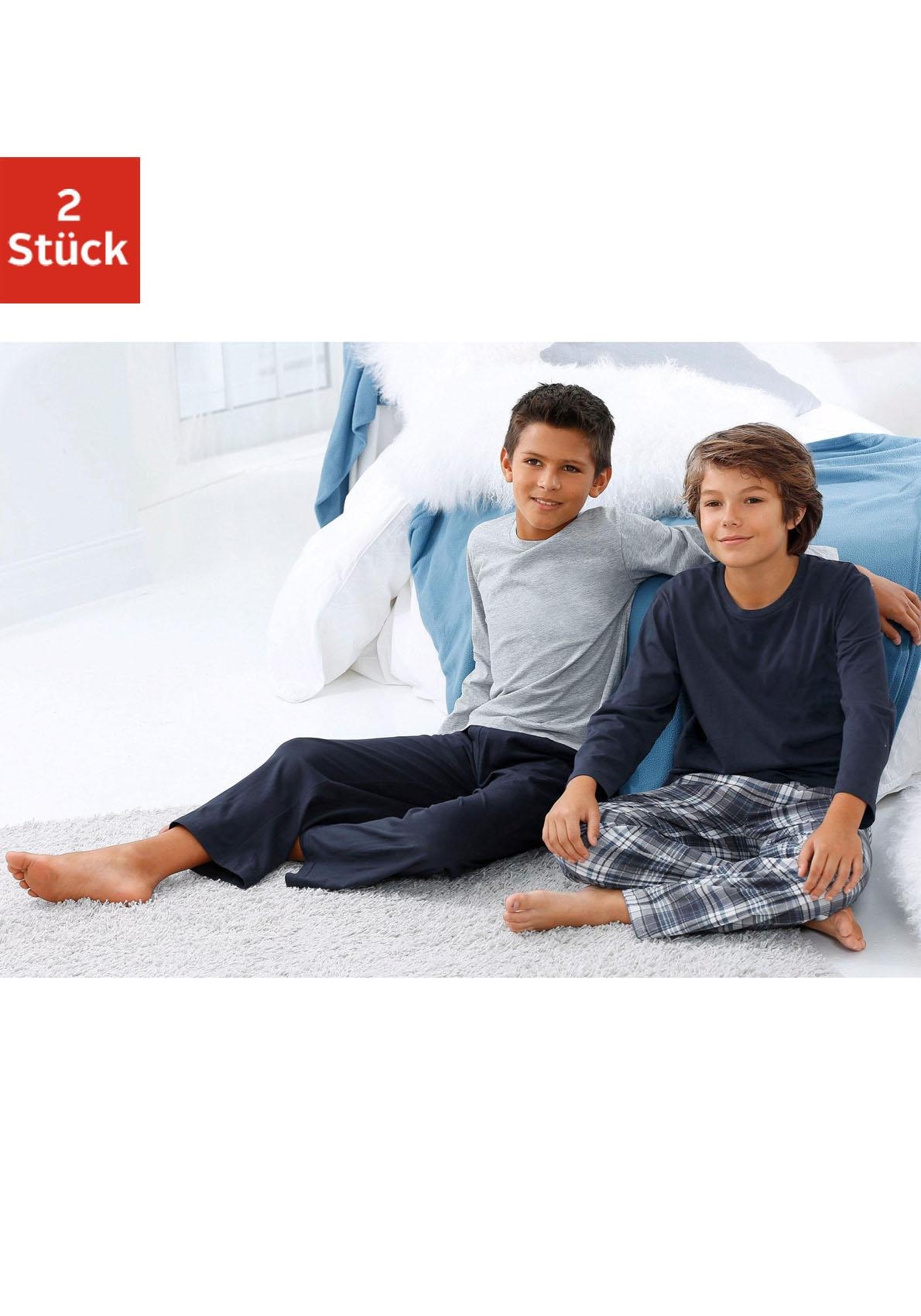 le jogger® Pyjama Packung, 2 Stück, 4 Stk. tlg., Schlafanzug in langer Form, Hose 1x uni und 1x kariert