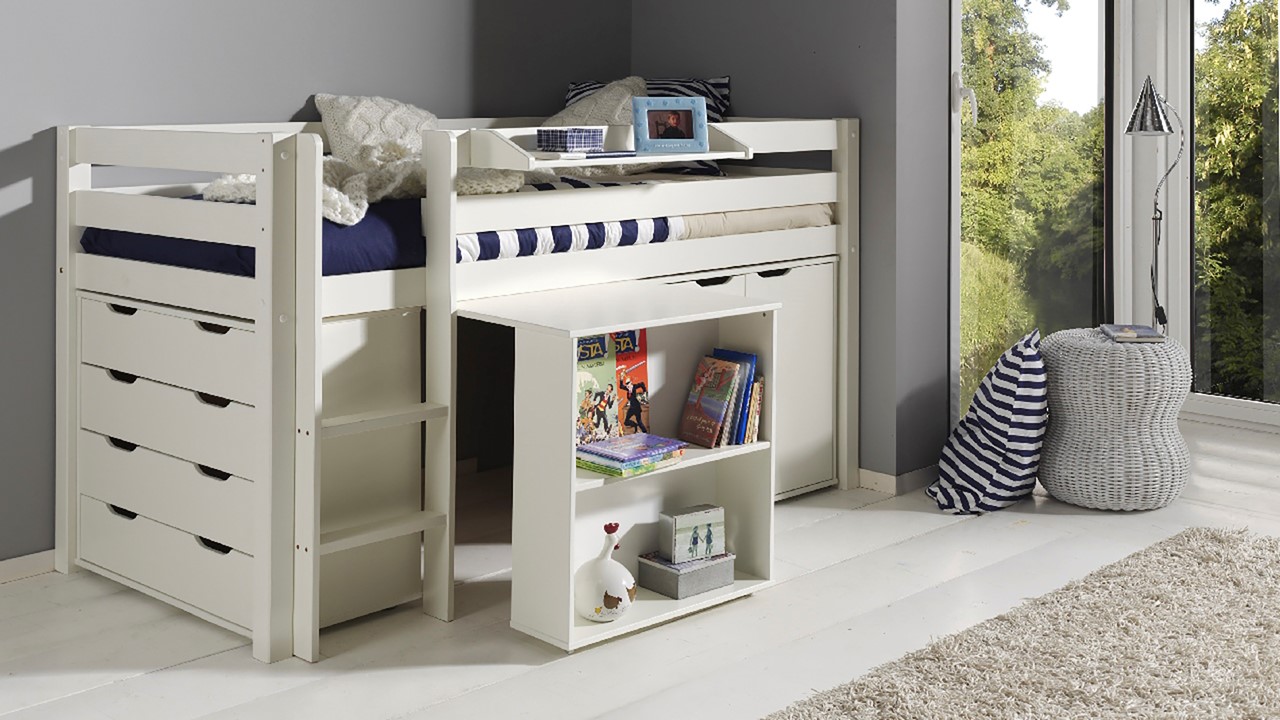 Halfhoogslaper Pino met commode 4 laden, commode 2 deuren, hangtablet en bureau wit