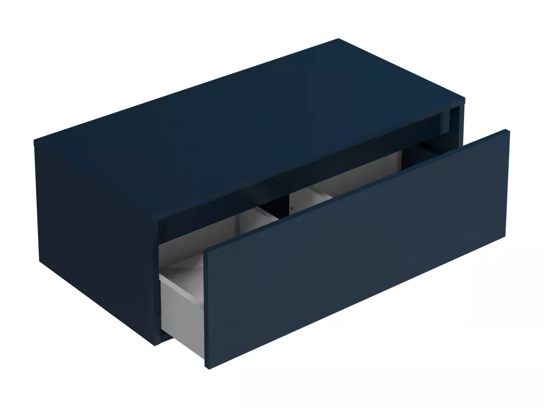 Meuble de salle de bain suspendu avec vasque ronde - 1 tiroir bleu et 2 niches blanches - 94 cm - TEANA II