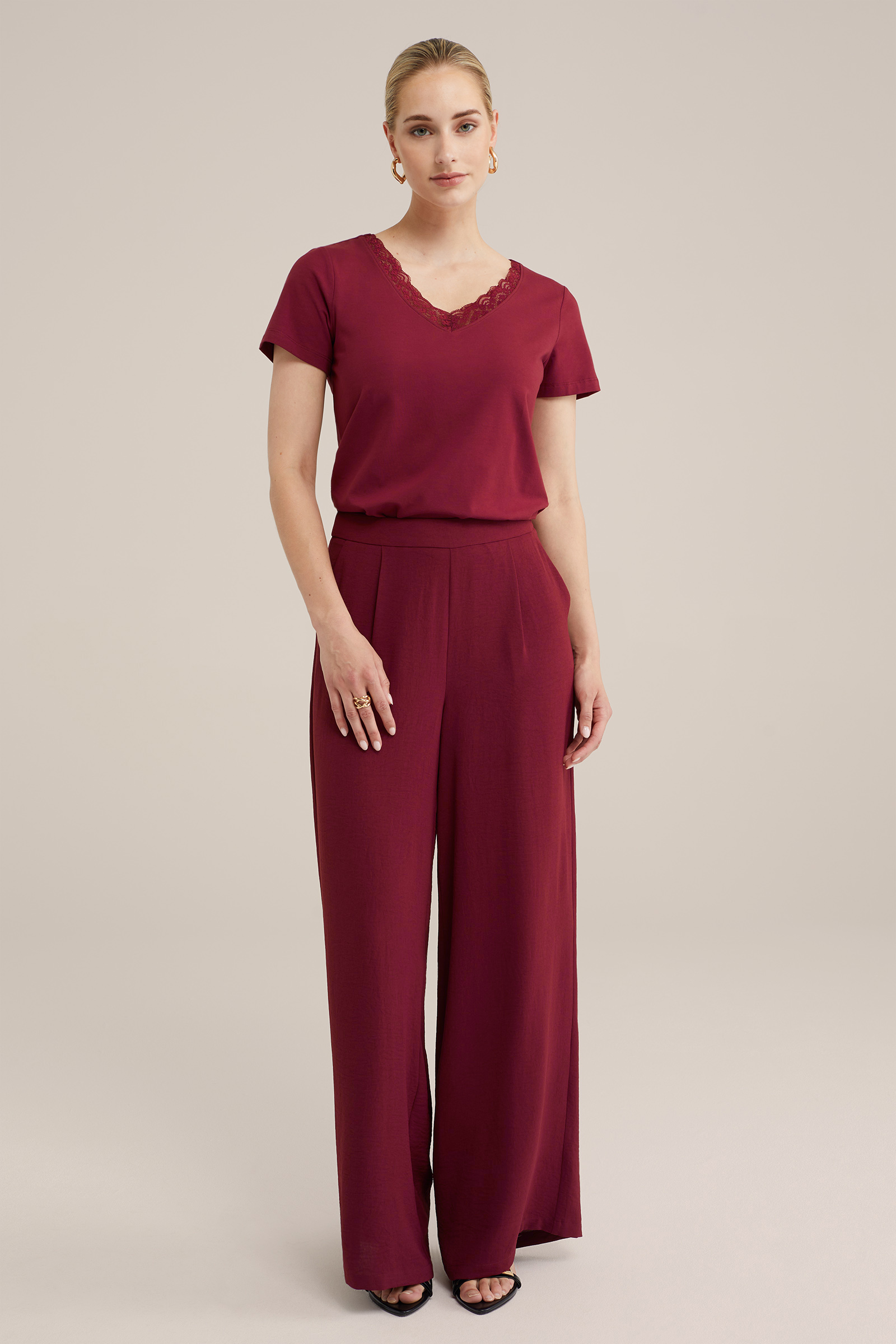 T-shirt met kant WE Fashion Bordeauxrood