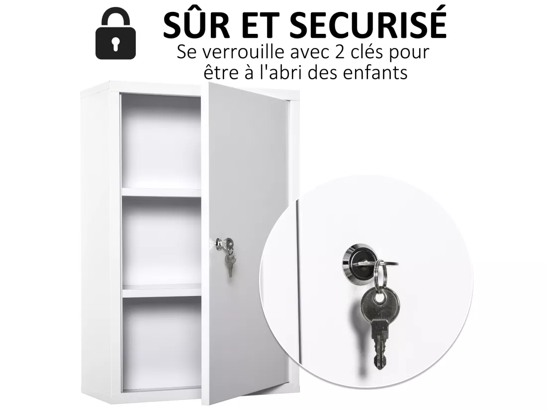 Armoire à pharmacie 2 étagères 3 niveaux verrouillable dim. 40L x 18l x 60H cm 2 clés métal blanc