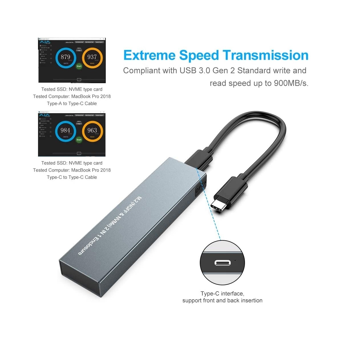 NÖRDIC Eksternt lagringsskap M.2 NVMe og SATA SSD for USB-A og USB-C M-Key B-Key og B+M Key UASP 2280 2260 2242 2230