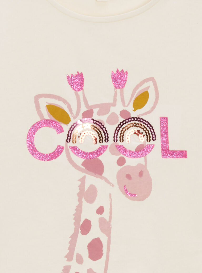 T-shirt écru animation girafe à lunette pour fille