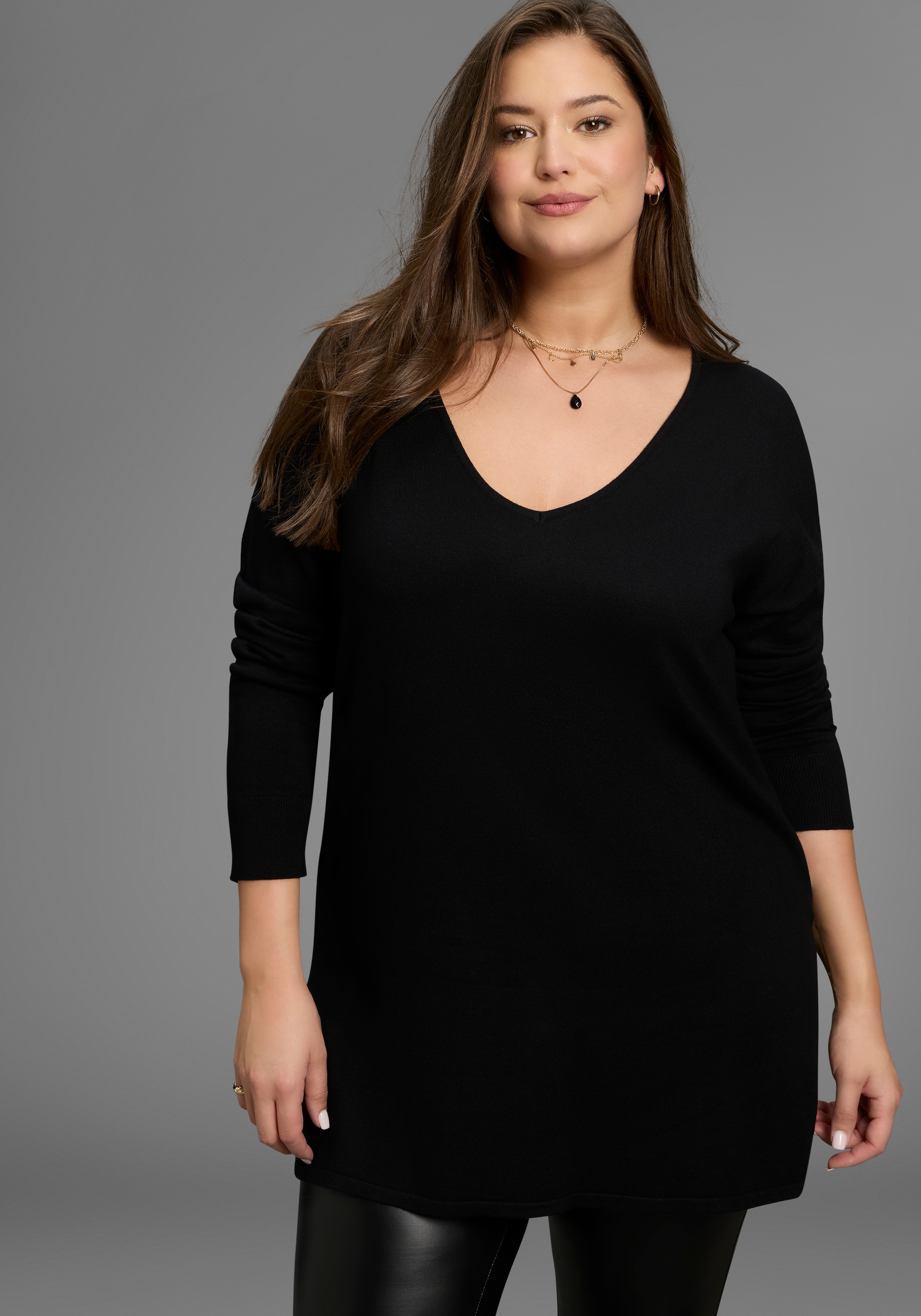 Laura Scott CURVE Longpullover , aus fliessendem Feinstrick mit schönem V-Ausschnitt - GROSSE GRÖSSE
