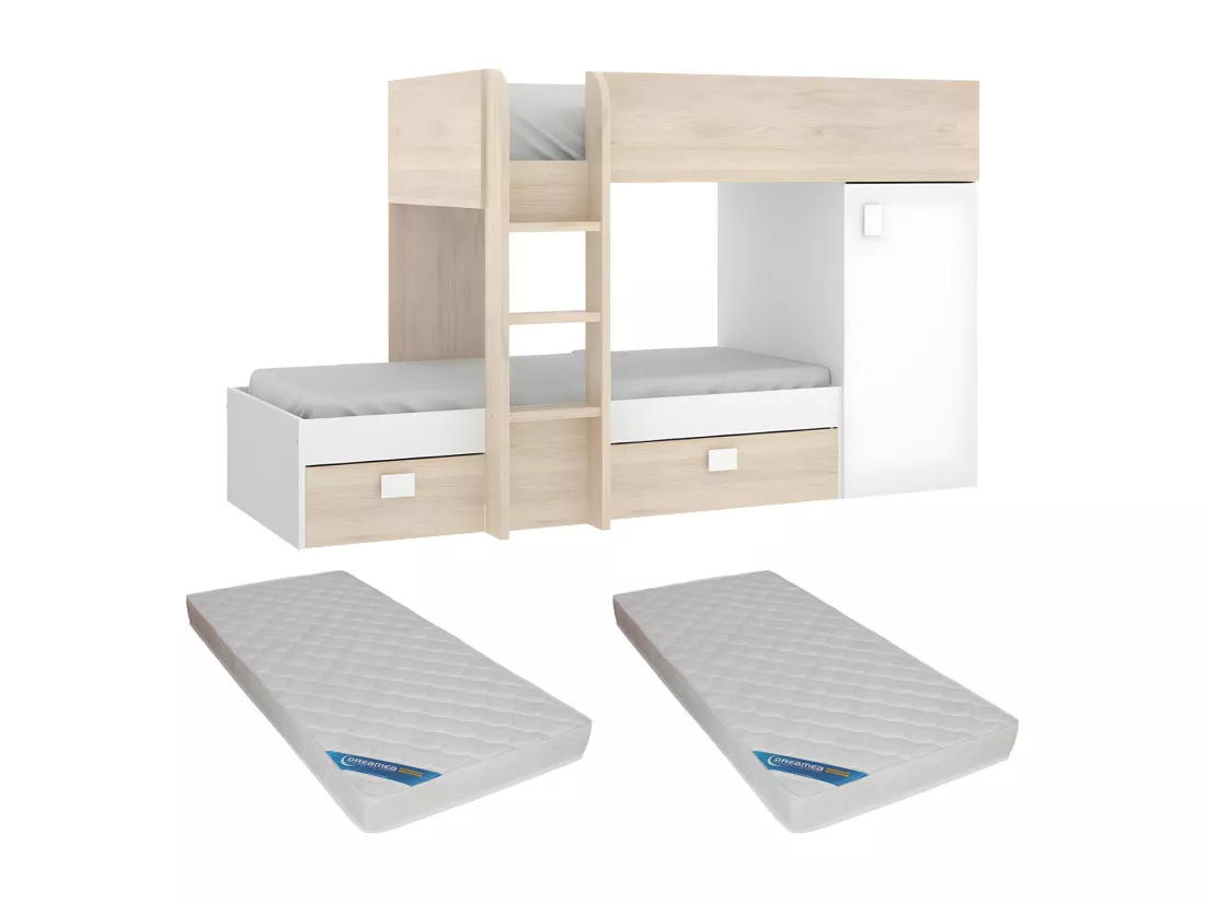 Lits superposés d'angle réversibles RICARDO - 2 x 90 x 190 cm - Rangements intégrés - Chêne et blanc + matelas