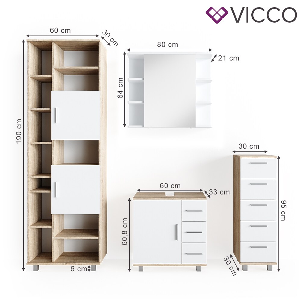 VICCO Badmöbel Set ILIAS Weiß Eiche Bad Spiegel Kommode Unterschrank Badschrank