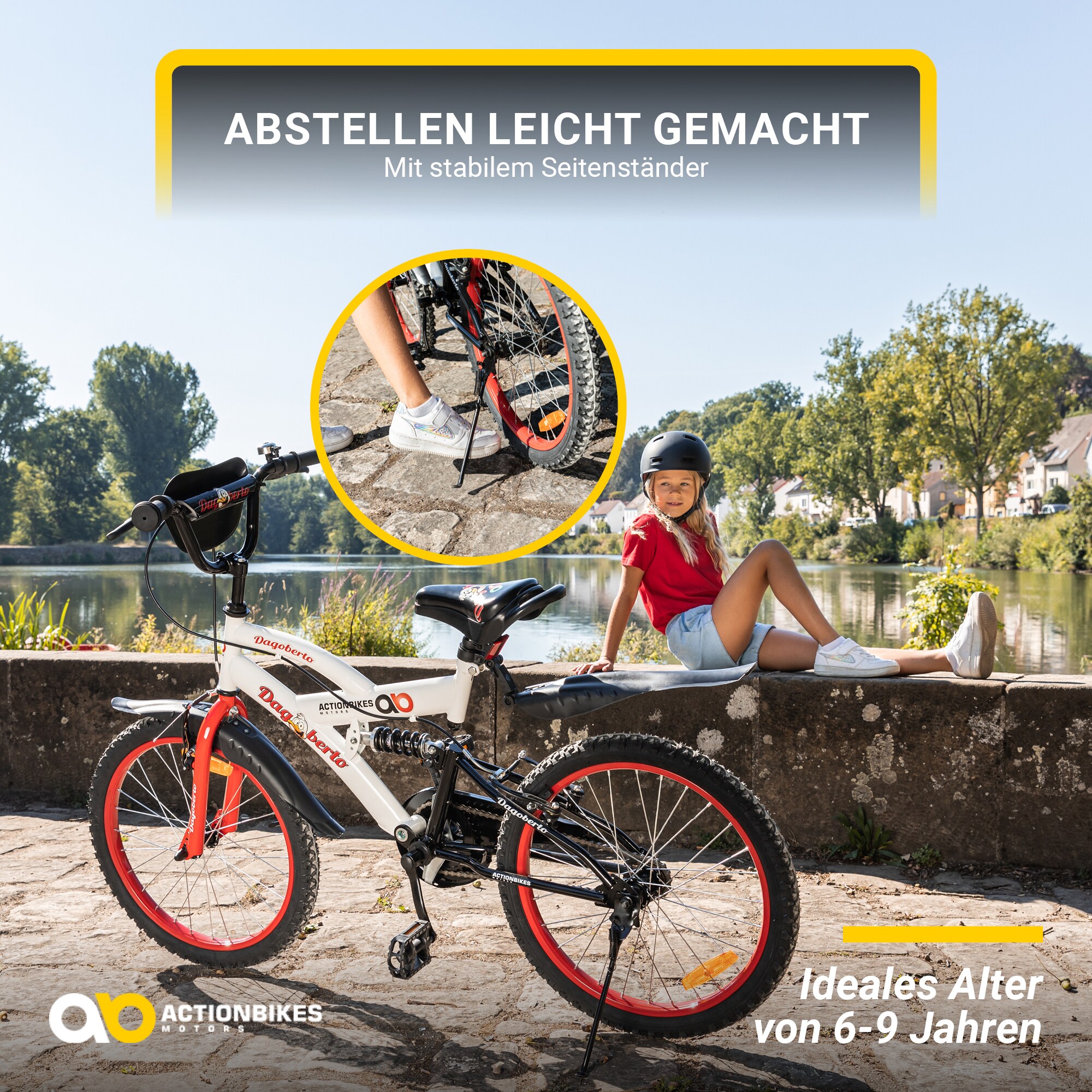 Actionbikes Kinderfahrrad Dagoberto 20 Zoll, V-Brake-Bremsen, Federung, Kettenschutz, Fahrradständer