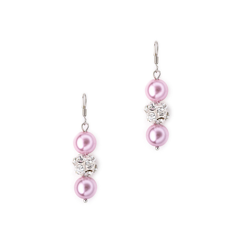 Parure Collier, Bracelet et Boucles d'oreilles Perles Roses, Cristal et Plaqué Rhodium