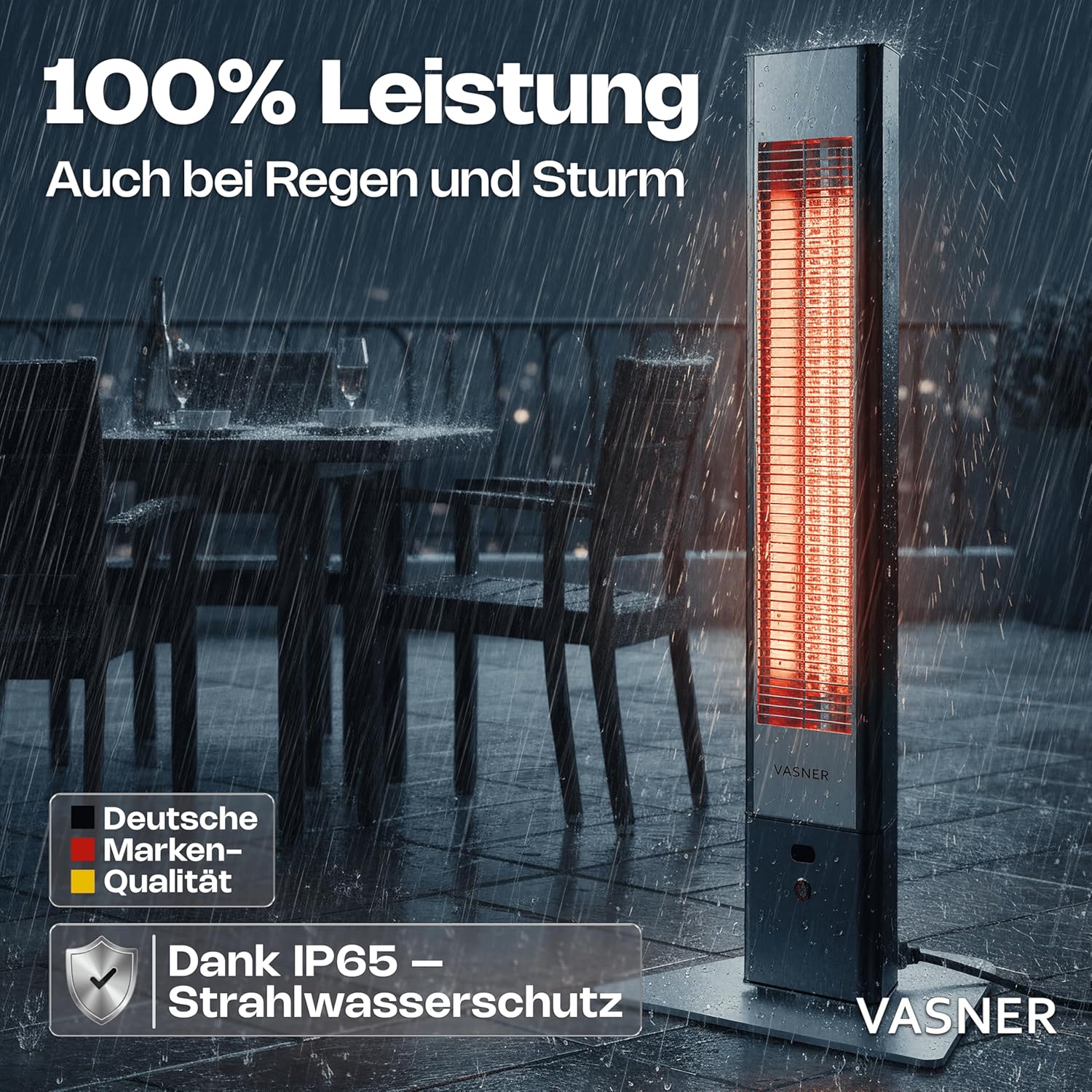 VASNER HeatTower Wärmestrahler – Infrarot Standheizstrahler 2500 Watt - Heizstrahler Terrasse elektrisch 4 Heizstufen - Elektro Heizstrahler Outdoor - Terrassenstrahler Infrarot inkl. Fernbedienung
