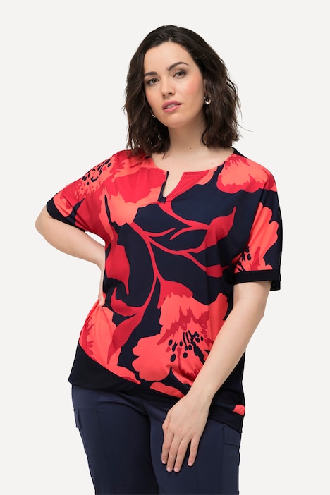 Blusenshirt, Blüten, Oversized, Tunika-Ausschnitt, Halbarm